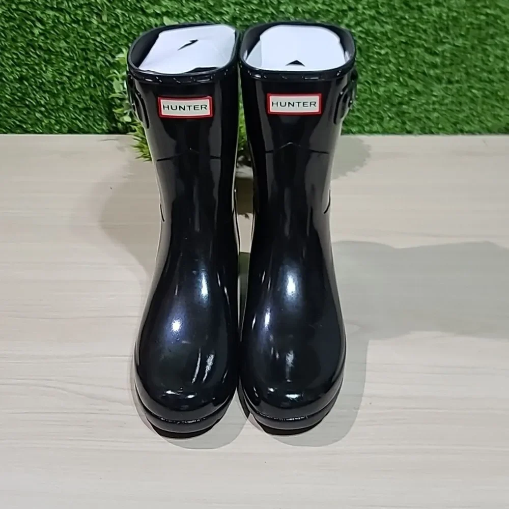 Hunter Refined Short Gloss Boots Black - UK 6 (US Women's 8) New